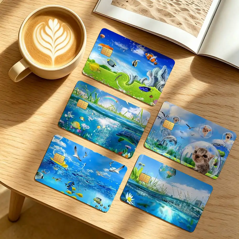 Art Retro Frutiger Aero BLUE Credit Card Public Transportation Cards Protective Sticker Waterproof Card Face Decoration 4PCS