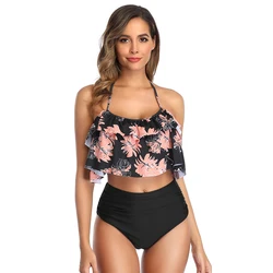 Conjunto de Bikinis de tirantes con cuello Halter para mujer, traje de baño de dos piezas de cintura alta con realce, traje de baño dividido para fiesta, traje de baño de playa de talla grande 2022