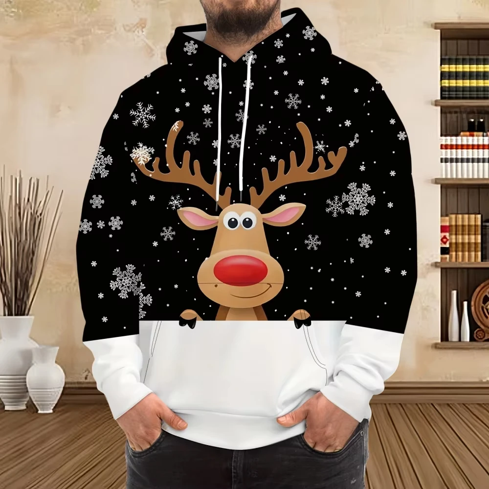 

Christmas Elk Print Men's Hoodies Santa Claus Pattern Sweatshirts Autumn Winter Casual X'mas Clothing Fashion New Year Pullover