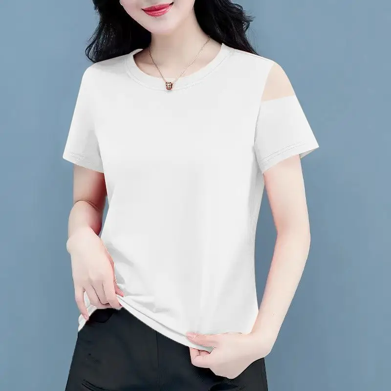 بلوزات عصرية بأكمام قصيرة ورقبة دائرية بلون واحد مكشوفة الأكتاف ملابس نسائية لصيف 2025 قمصان جديدة فضفاضة تناسب كل مباراة قمصان ركاب