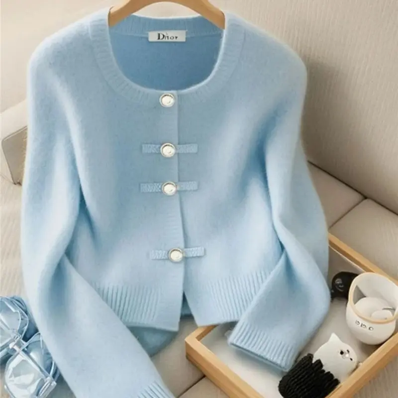 Limiguyue Sky Blue Wool Knit Cardigan Women Retro Buckle Cashmere Knitted Sweater Lazy Style O-neck Knitwears Autumn Winter 621P