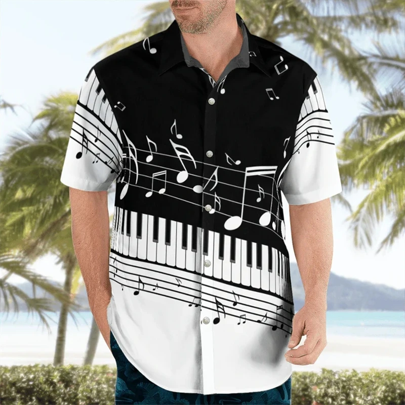 

Men's Hawaii Summer Piano Pattern Casual Beach Shirt 3D Print Black and White Funny Short Sleeve Female Clothing Buttons Blouse