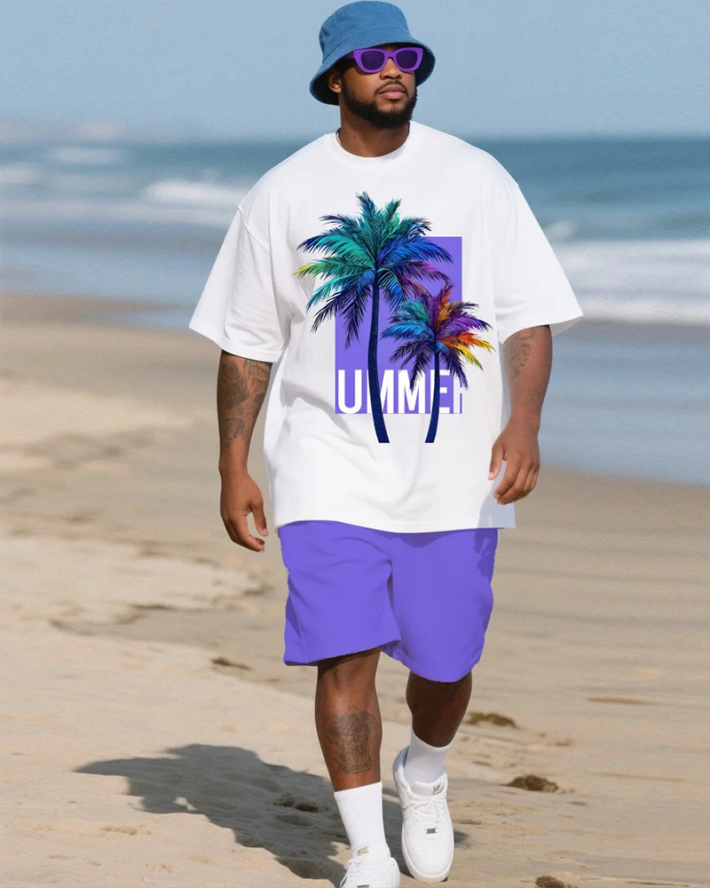 

S-9XL Men's Large Size Coconut Tree Printed Vacation Short Sleeve T-shirt Shorts Two-piece Set
