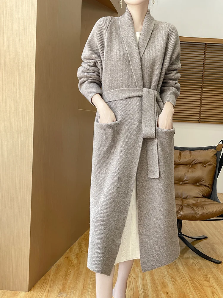 New Chic Long Style Cashmere Sweater Autumn Winter Women Casual Loose Cardigan 100% Merino Wool Sashes Knitwear Soft  Overcoat