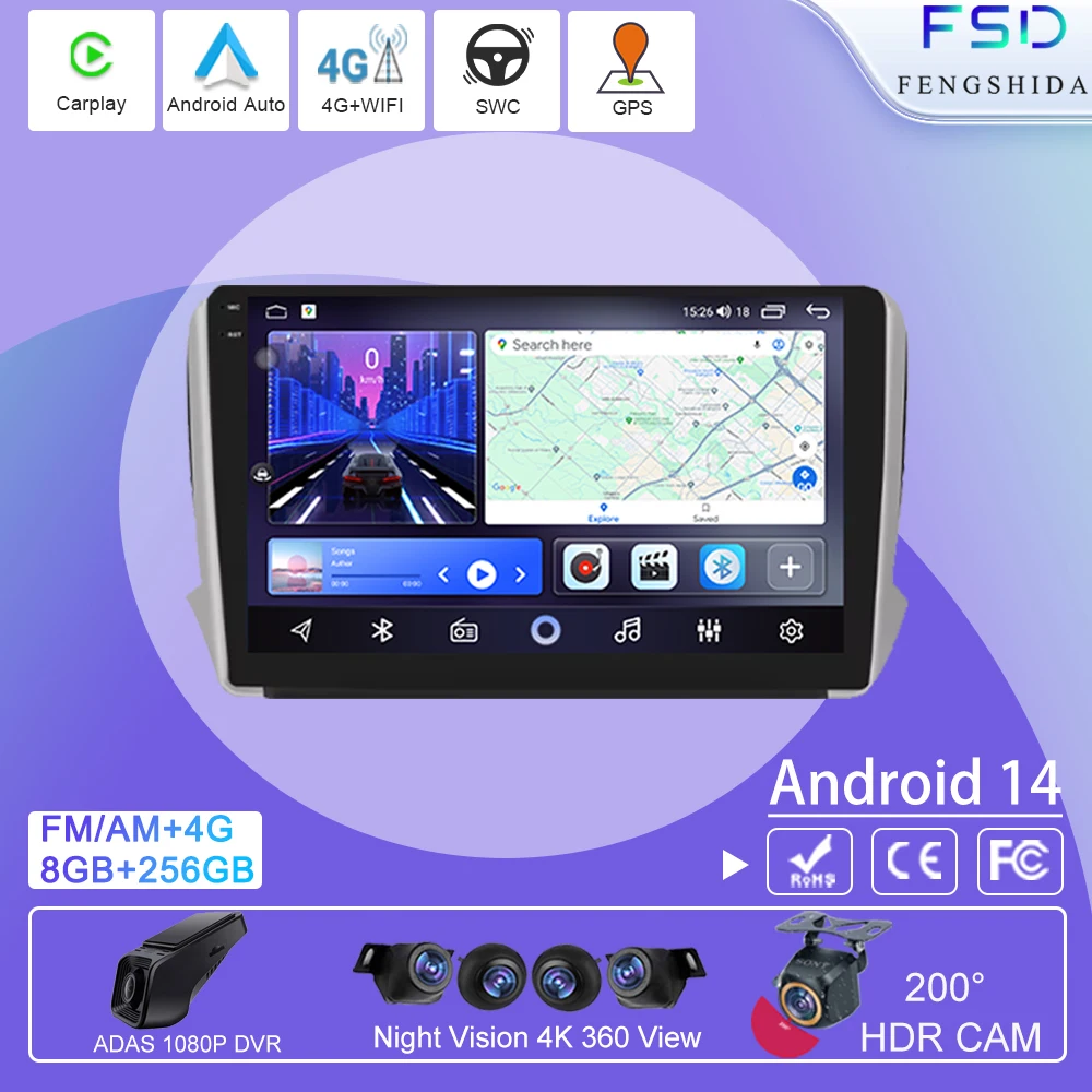 

Multimedia Carplay For Peugeot 2008 208 2014 - 2018 Android Auto Player Stereo Car Radio 4G WIFI BT Navigation GPS No 2 din DVD