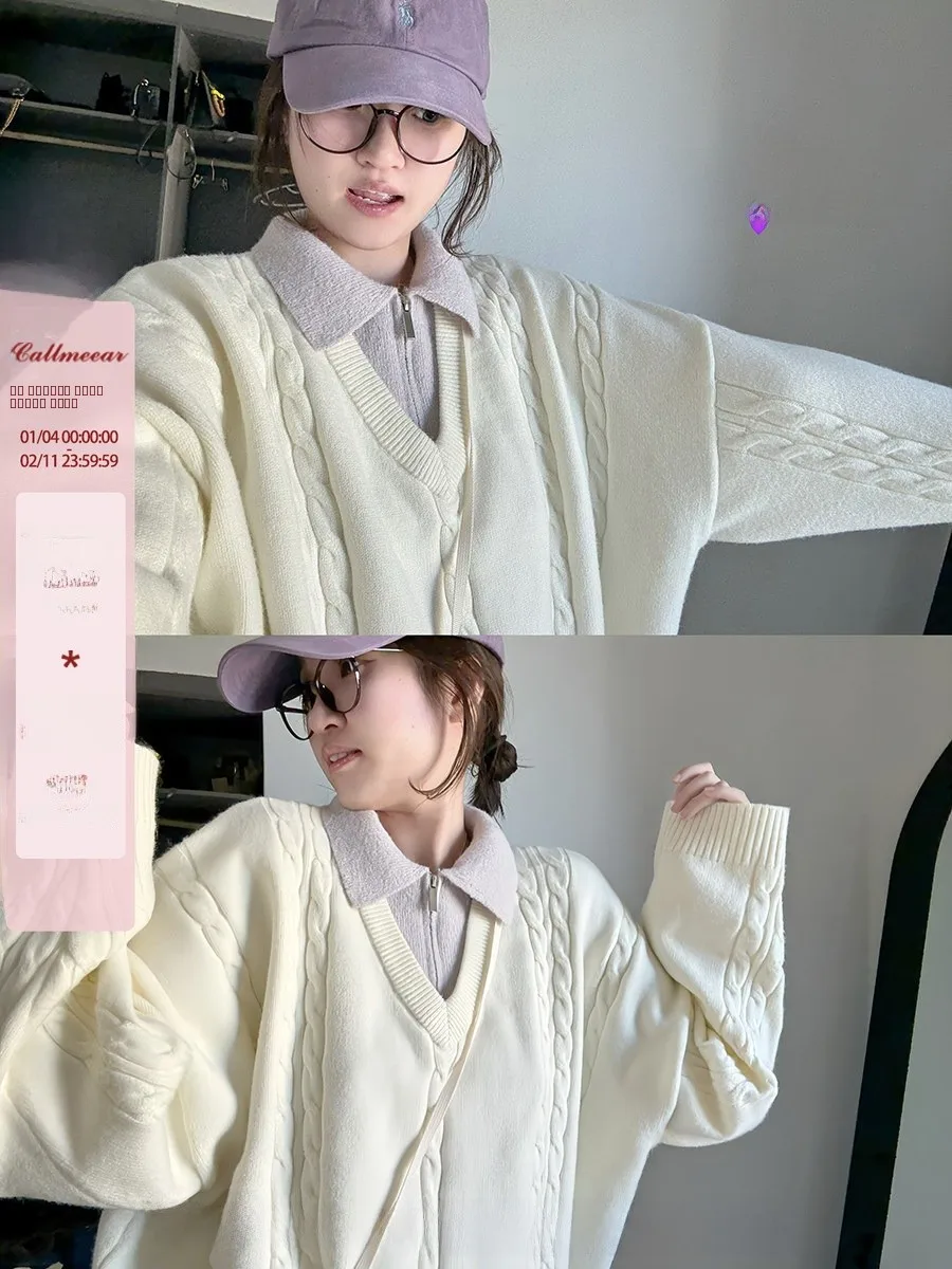 

Loose Lazy Fake Two-Piece Sweater Women's Overhead Autumn Knitted Top CallmeEar Jasmine Scented Long Sve V-Ne Regular Le...