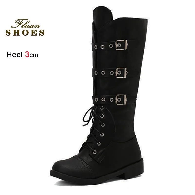 

Высокие сапоги Женские рыцарские сапоги Грубые каблуки Сапоги до колена на плоской подошве Сапоги до колена в британском стиле Модные длинные сапоги на шнуровке с кожаной пряжкой