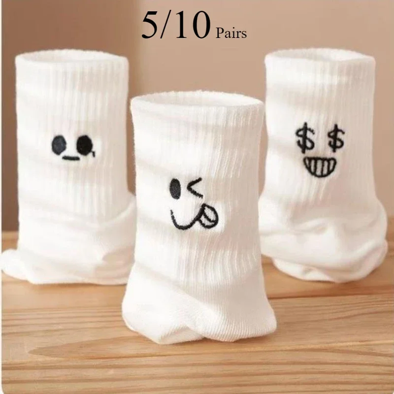 5/10 Pairs girl White Cartoon Socks Trendy Versatile Expression Socks Simple Design Soft Breathable Comfortable Casual Socks