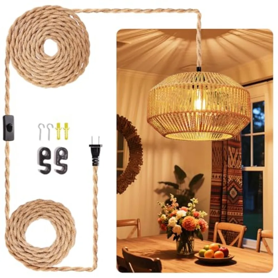 Hangg Lamps Rattan Pendant Light Hangg Lights 16.4ft Plug Cord Pendant Light Fixture Plug to Wall Outlet Pendant Lightg with On
