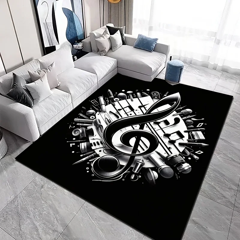 Music Note Flannel Rug Black White Microphone Instrument Pattern Floor Mat Soft Non-slip Area Carpet for Living Room Bedroom