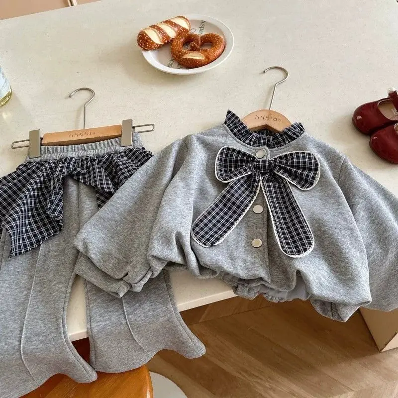 Girls Casual Color Block Plaid Top Diaper Cover Long Pants Two Piece Set 2026 Fall New Korean Style Outfit
