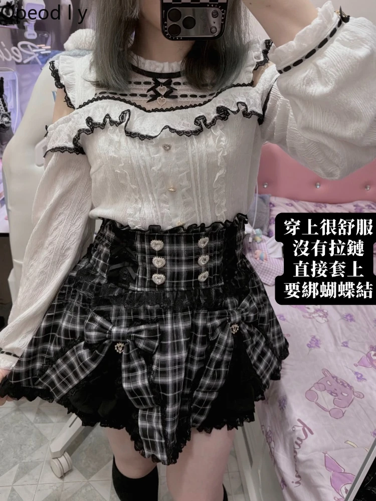 Liz New Japanese Sweet Girl Loves Buckle High Waist Skirt Doll Feeling Double Bow Lace Plaid Splicing Lolita Skirt