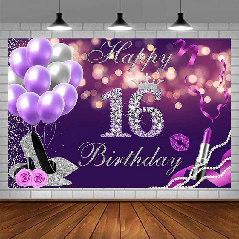 Sweet Happy 16th Birthday Backdrop Girl Purple Bokeh Balloons Glitter Silver High Heels Diamond Lipstick Background Party Decor