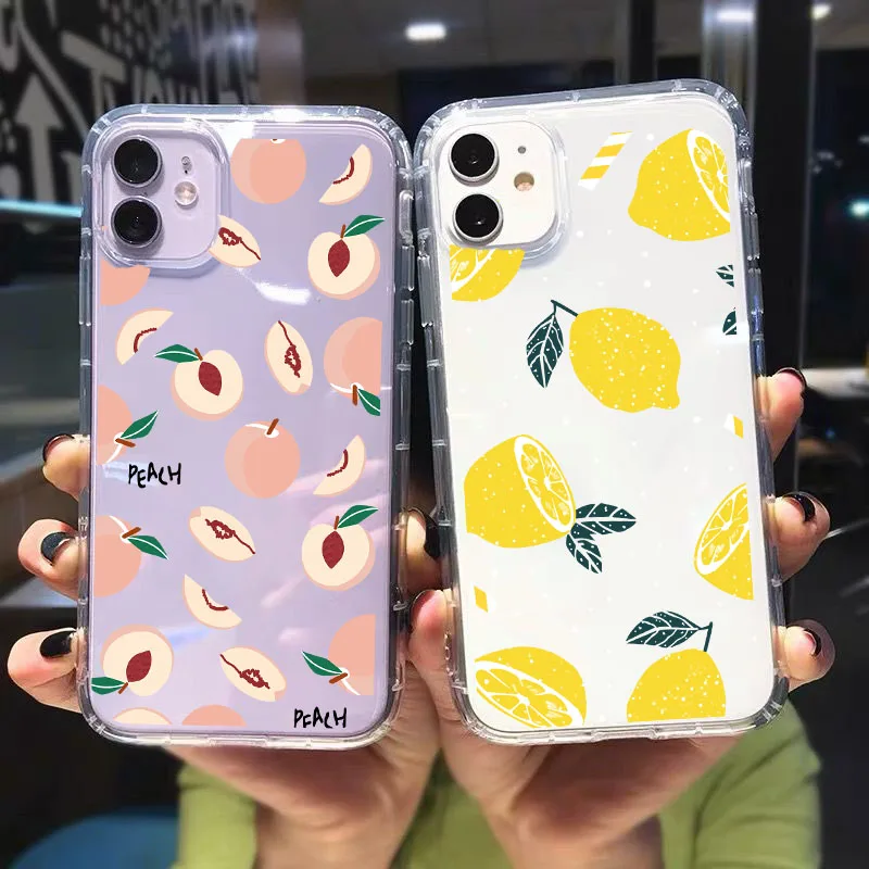 GYKZ Cartoon Lemon Avocado Peach Fruit Phone Case For iPhone 15 14 13 11 Pro 12 XR X XS MAX SE20 Plus Clear Soft Silicone Cover