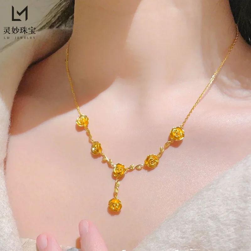 

Luxury 24K 9999 Pure Gold real gold Women's Rose Necklace Women's Flower Pendant Set Chain