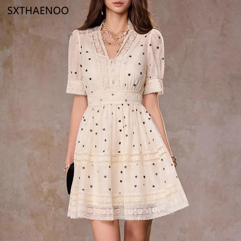SXTHAENOO Hit Color Spliced Wave Point Dresses for Women V Neck Short Sleeves High Waist Patchwork Lace Elegant Dress Female