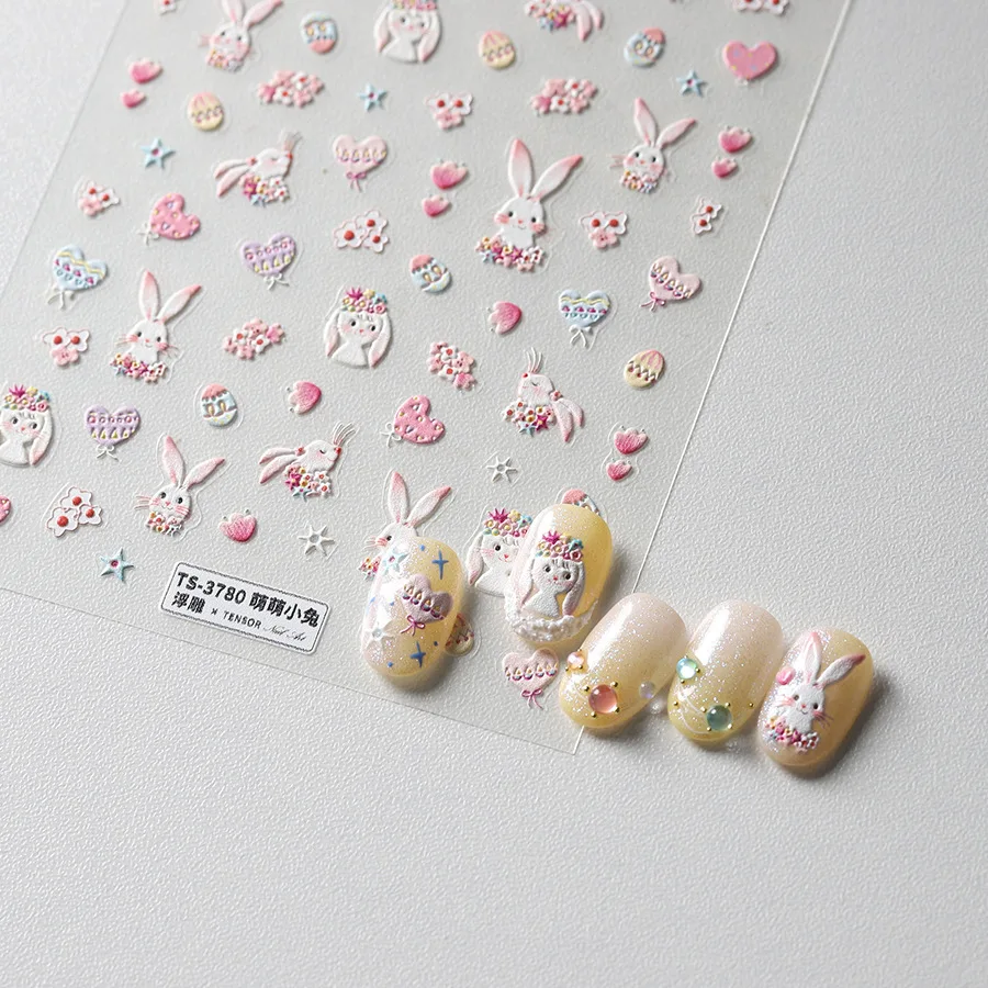 Lovely Flowers Rabbit Eggs Easter Day 5D Reliefs Self Adhesive Nail Art Sticker Cute Bunny Bowknot Strawberry 3D Manicure Decals