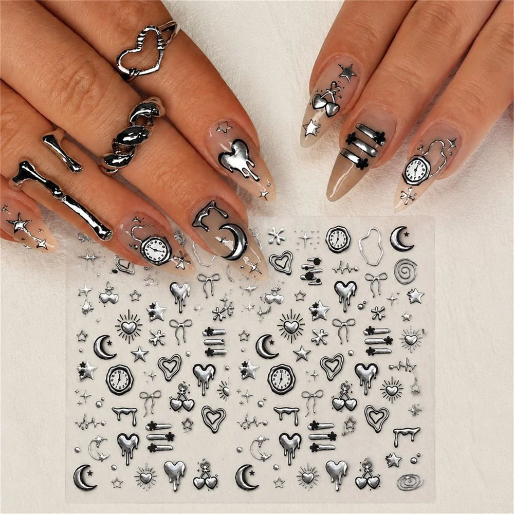 1Pc 5D Hot‑Silver Melting Heart Nail Sticker Adhesive Punk Y2K Gothic Clock Moon Star Bow Decals DIY Manicure Nail Decor Parts