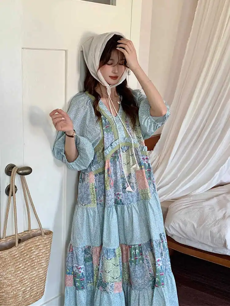 Clothland mujeres dulce estampado Midi Vestido de encaje Patchwork empalmado Puff manga Bohe una pieza lindo vestidos femeninos Vestido QE079