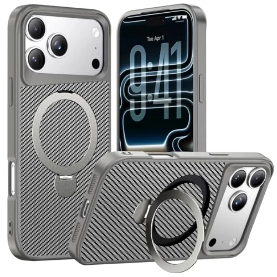 360 Magnetic Stand Carbon Fiber Case Designed for iPhone 17 Pro Max with Military-Grade 15FT Protection and Built-in Stand Ring