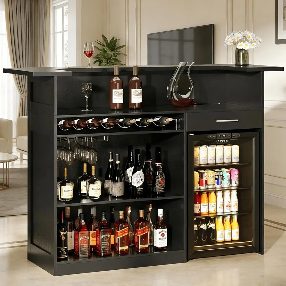 

Compact Home Bar Cabinet with Built-in Ridge, Power Outlet, and Wine Glass Holder for Basement or Living Room