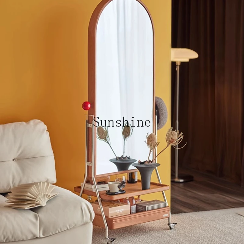 

Large and small apartment solid wood magazine rack movable full-length mirror cherry wood storage