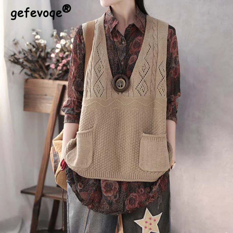 Women Vintage Hollow Pockets Sleeveless Outewear Knitted Sweater Vest Spring Autumn Casual Solid V Neck Loose Pullover Waistcoat