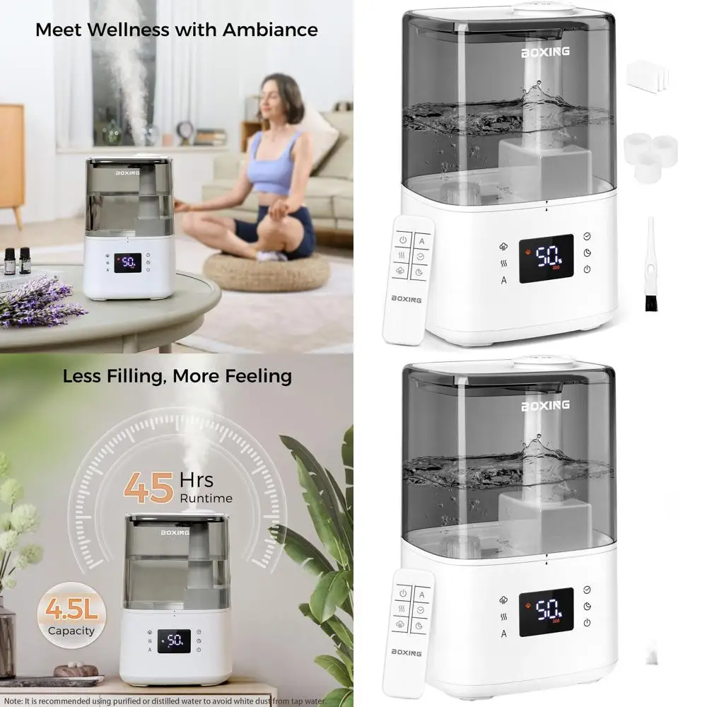 

Ультразвуковой увлажнитель воздуха для больших помещений с верхним наполнением, пультом ДУ, таймером, автоматическим отключением, без BPA, с фильтром, 4,5 л