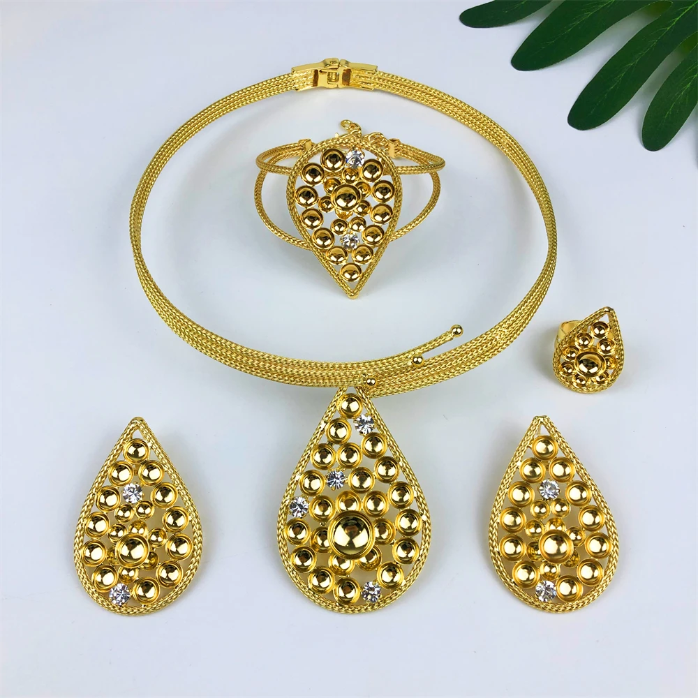 ESALE Golden Jewellery Sets 18K Gold Plated Jewelry Set Women Chunky Necklace Earring Bracelet Ring Italian Wedding Party Gifts - view 6