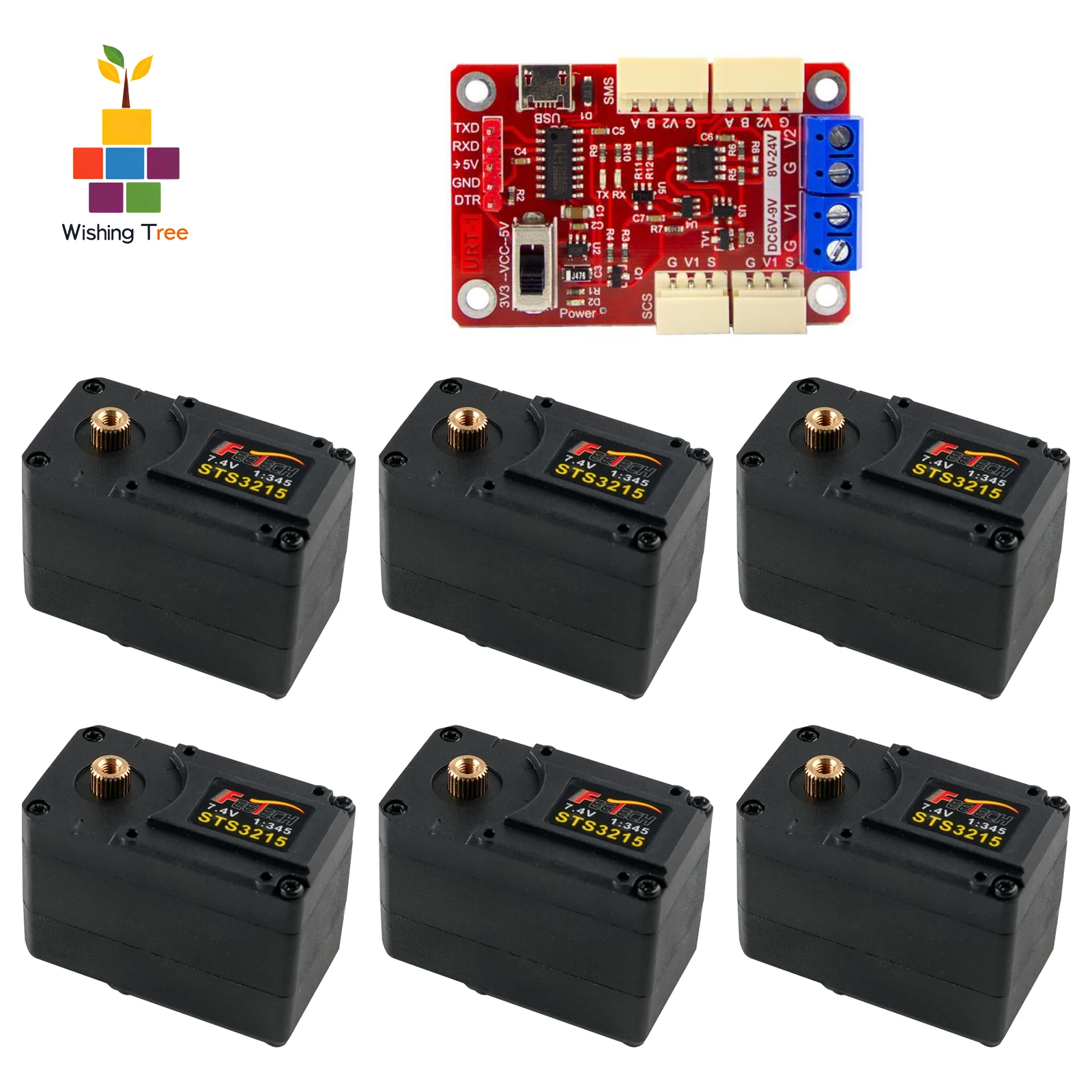 

6 шт. Feetech STS3215 SO-ARM100 сервопривод 7,4 В 19 кг 360 градусов робот-сервопривод для AI Robotics Arm с платой URT-1