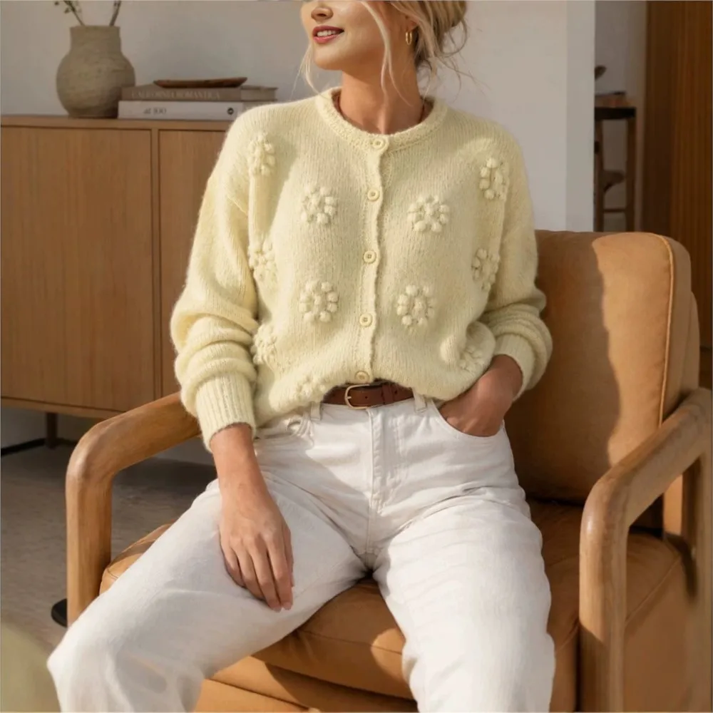 MsChuh Casual Cardigan Pull Femmes All-match Loose Simple Style Sweater Comfortable Commuting Temperament Daily Solid Color Chic