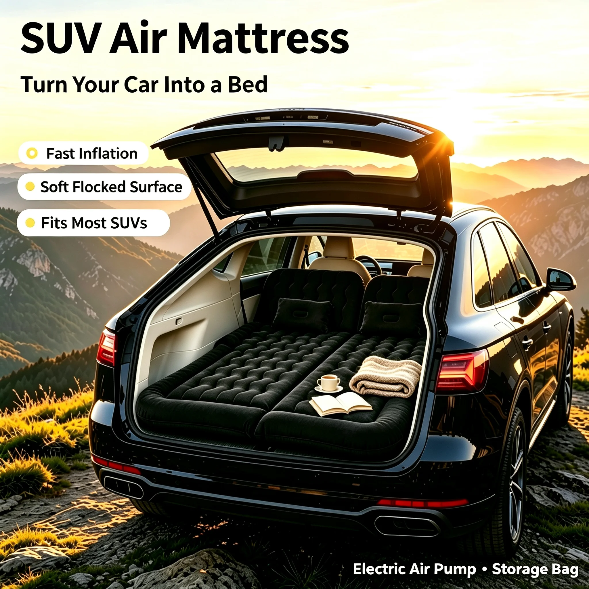 Materasso gonfiabile Bymaocar per auto, letto ad aria per SUV, materasso in PVC nero floccato, portatile, confortevole, per campeggio all'aperto, resistente, ad alta capacità di carico, ideale per