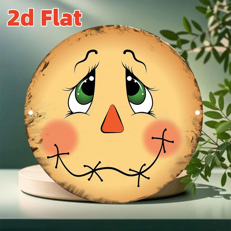 2D Flat - 1pc Vintage Wall Art Featuring an Adorable Scarecrow Face with Rosy Cheeks And Green Eyes, Pumpkin Hanging Sign