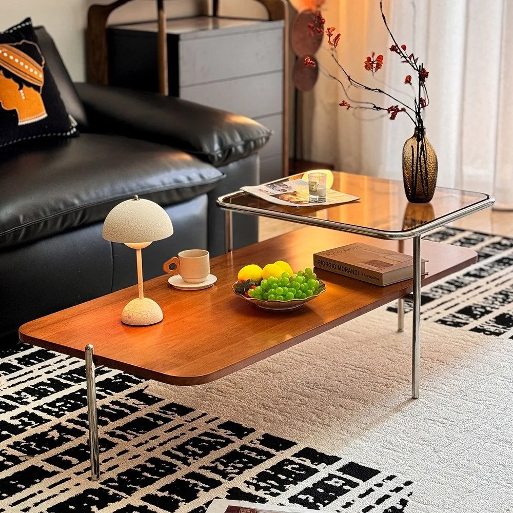 Small Apartment, Used Solid Wood Glass Coffee Table for Living Room and Home Use, Movable Stainless Steel Low Table