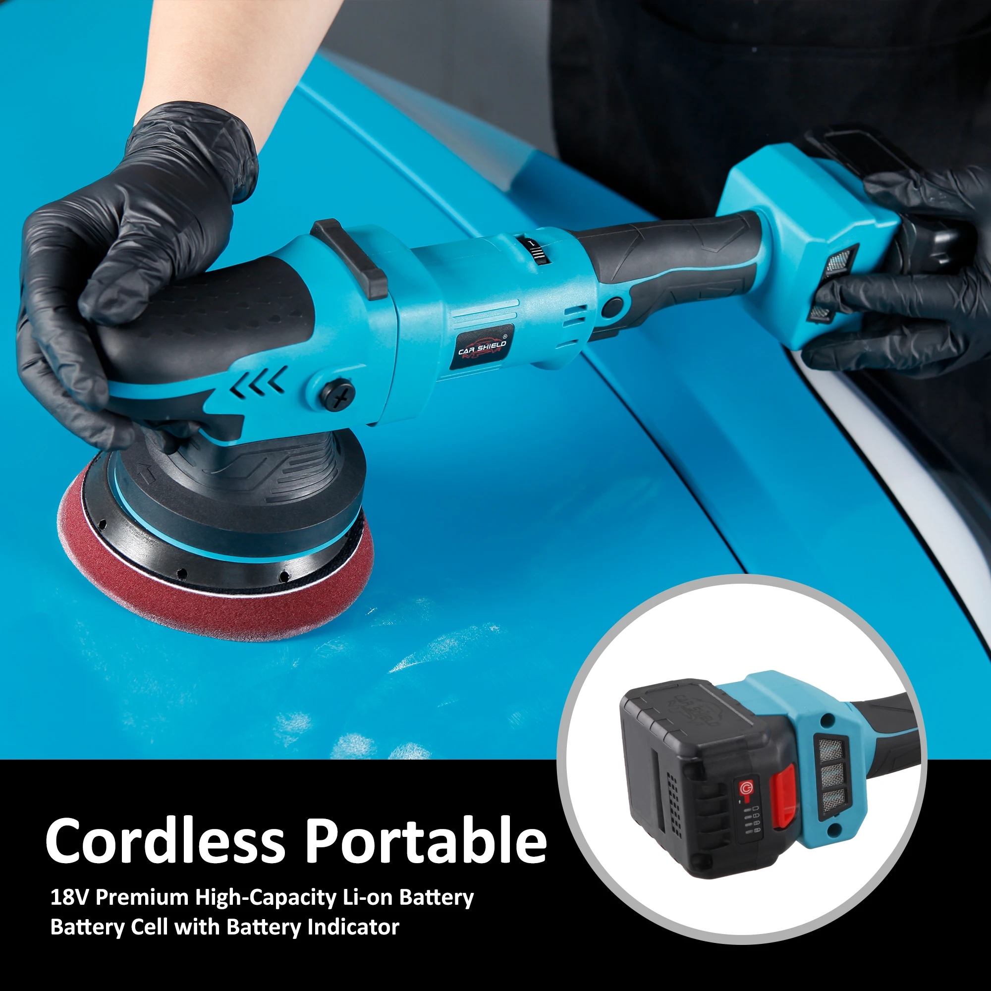 CAR SHIELD 18V 6 inch Cordless Car Polisher Dual Action 15mm Orbit Variable Speed Polishing Machine