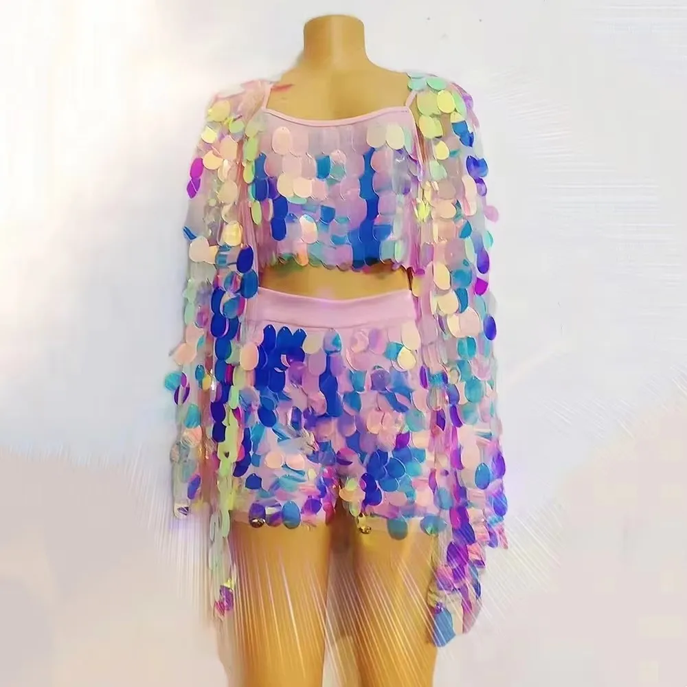 

Pink Blue Sequins Bikini Coat 3 Pieces Set Women Holiday Birthday Party Festival Clothing Dancer Singer Nightclub Stage Costume