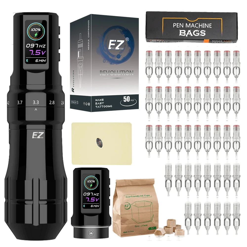 EZ P3 Pro-máquina de tatuaje con batería inalámbrica, Kits de bolígrafo, Cartucho EZ de 50 piezas, agujas de tatuaje, trazo ajustable, pantalla