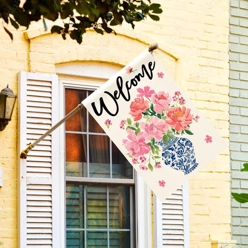 Pink Peony Spring Floral House Flag 28X40 Inch Double Sided Outside, Blue and Wh 7445046139131 AAV hhz