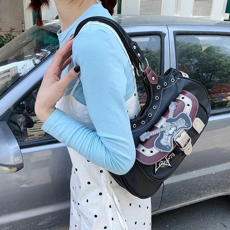 Women's Vintage Distressed Denim & Faux Leather Patchwork Bag | Rivet-Embellished Buckle Shoulder & Underarm Handbag