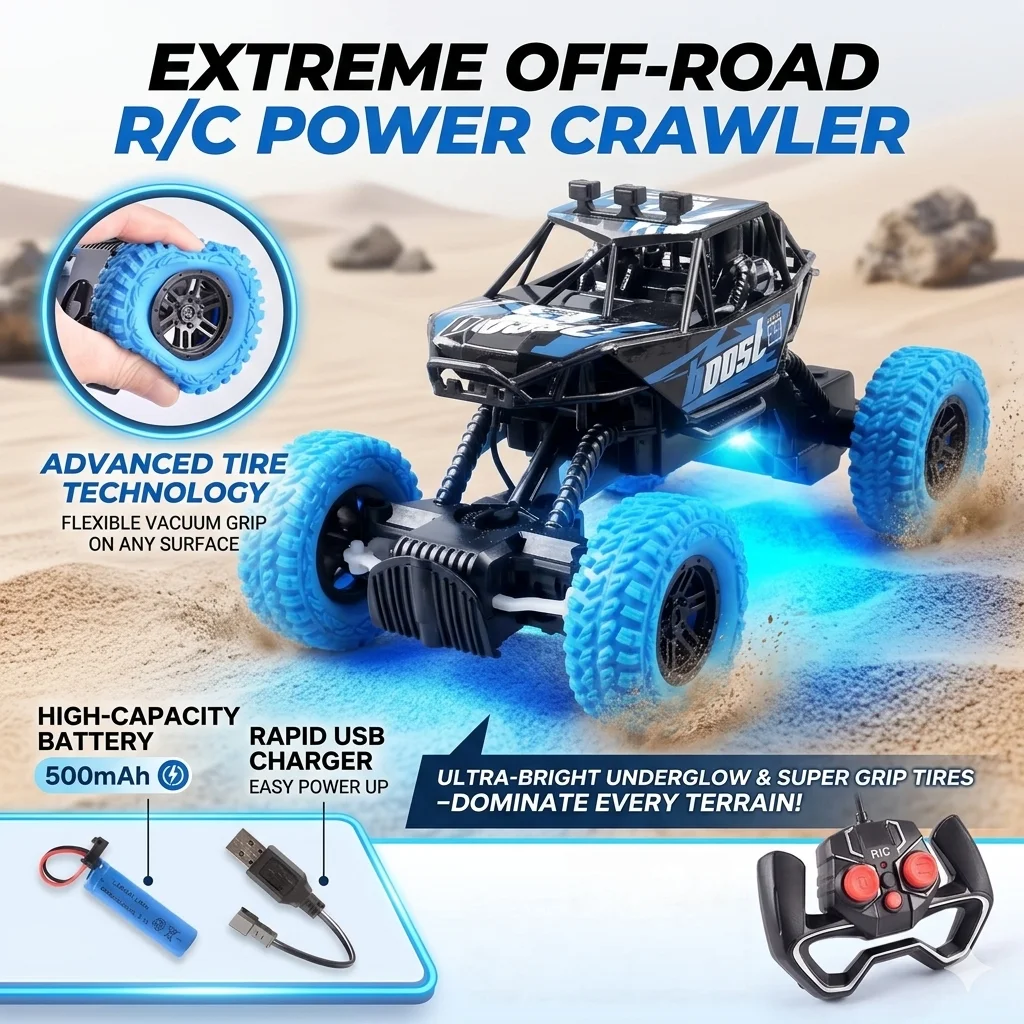 Professional R/C Rock Crawler, 4WD High Speed Off-Road Vehicle with USB Rapid Charger, Super Grip Tires & LED Chassis Light, Bir