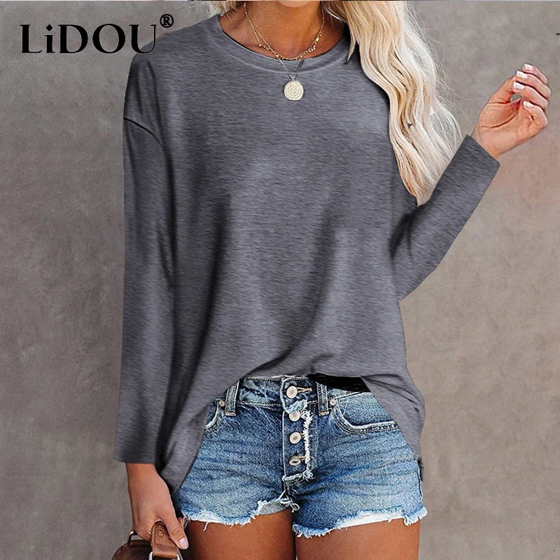 Elegant Solid Cotton Long Sleeve T-shirts Women Clothes O Neck All Match Tops Harajuku Y2K Female Tshirt Loose Casual Tee Femme