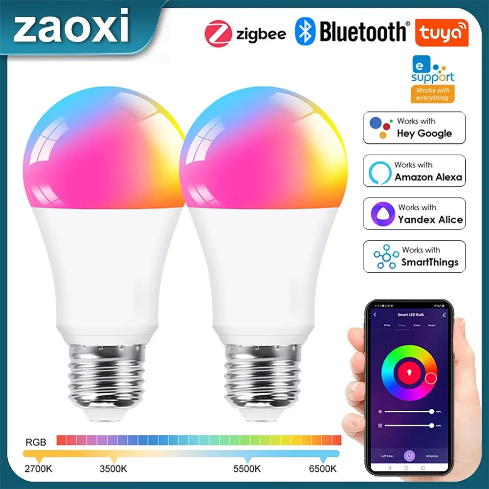 

Zaoxi Tuya/Zigbee/WIFI 15W/18W LED Smart Bulb 2700-6500K RGBCW+WW Dimmable Light Bulb Works With Alexa Google Home Voice Control