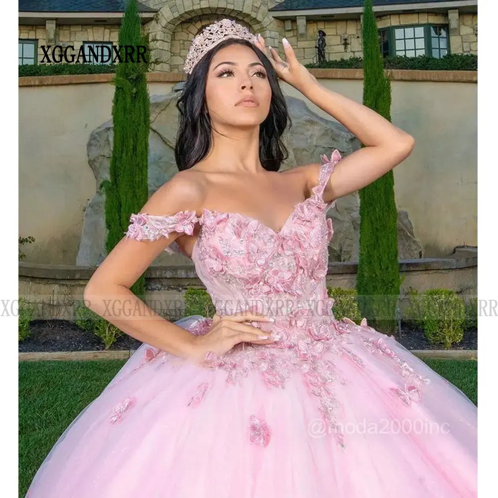 XGGandXRR New Pink Mexican Quinceanera Dress 2024 Ball Gown Princess Sweet 16 Dress 3D Butterfly Appliques Vestido De XV Anos