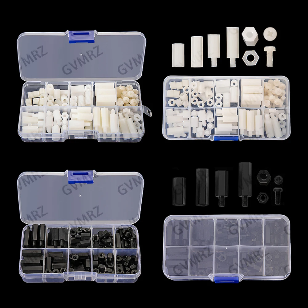 120PCS/box Plastic Nylon Hex Hexagon Spacer Column Stand off Screw Nut Washer Kit Set for PCB Motherboard M4 Black White