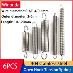 6Pcs Wire Diameter 0.3mm 0.4mm 0.5mm Stainless Steel Open Hook Tension Spring Hook spring Extension Spring Draught Spring