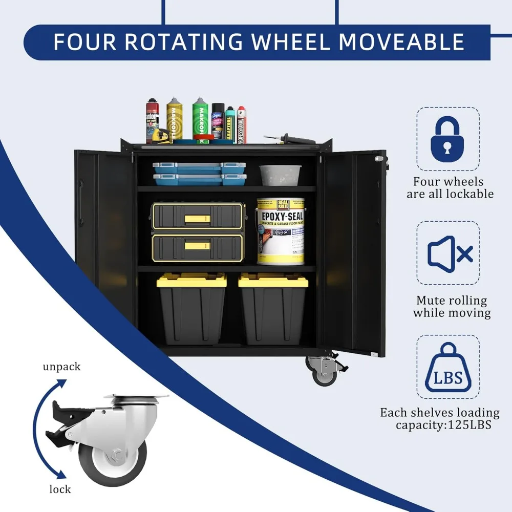 Adjustable Wall and Rolling Locking Tool Cabinets with Doors and Shelves for Garage Storage System
