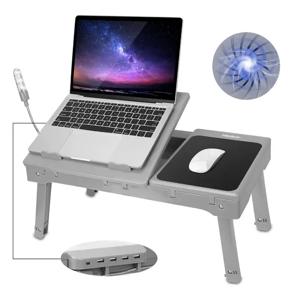 

Foldable Laptop Table Bed Notebook Desk with Cooling Fan Mouse Board LED light 4 xUSB Ports Breakfast Snacking Tray