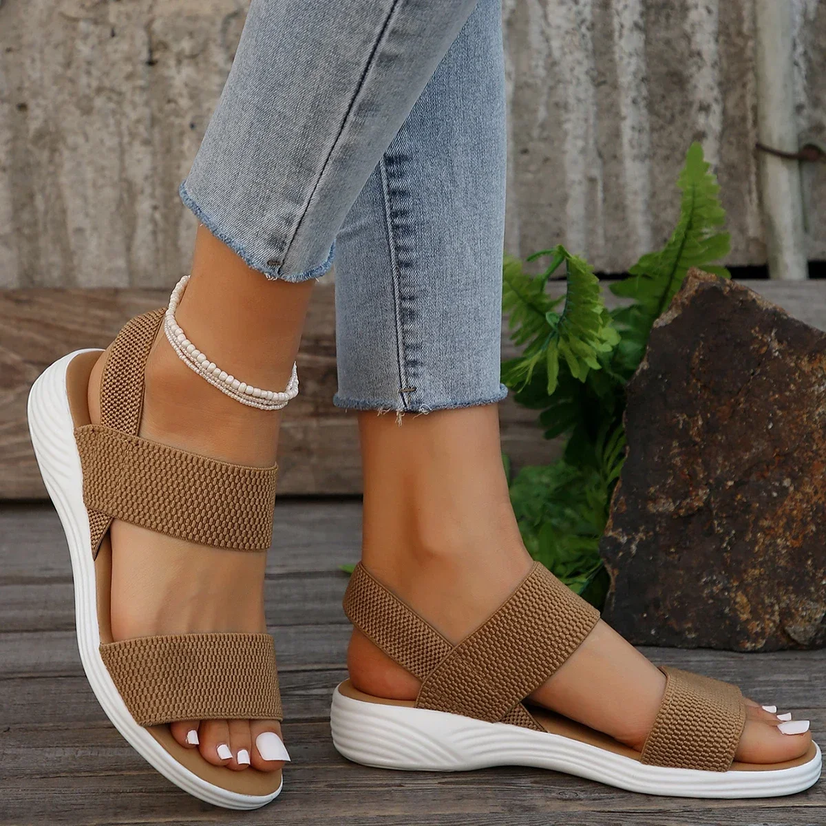 Women\'s Casual Sandals Fashion Elastic Band Buckle Trifle Bottom Women\'s Sandals Plus Size Summer Ladies Outdoor Beach Sandals