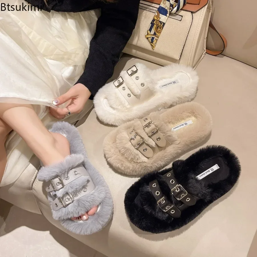 New 2024 Women's Thick Bottom Warm Fur Slippers Shoes Fashion Indoor Home Warm Cute Cotton Slippers Comfortable Open Toe Shoes