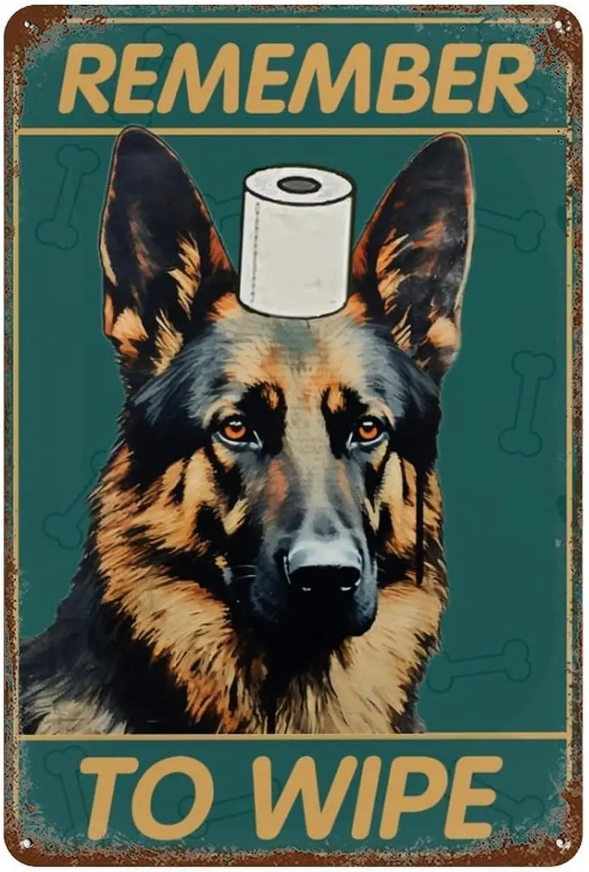 Plaque en étain vintage Berger allemand, Décoration murale pour salle de bain, Panneaux à thème canin, Panneaux en étain « Souviens-toi de nettoyer », pour intérieur et extérieur, maison, bar, café